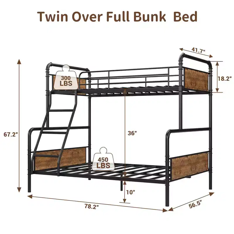 Bunk Bed Twin Over Full Size with High Guardrail and Ladder,Twin Size Convertible Metal Bunk Beds for Kids/Teens,Easy Assembly, No Box Spring Needed