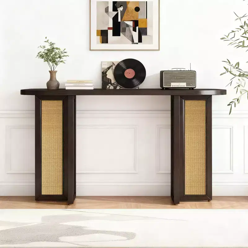 Rattan Narrow Console Table with Oval Top and Storage for Living Room and Entryway