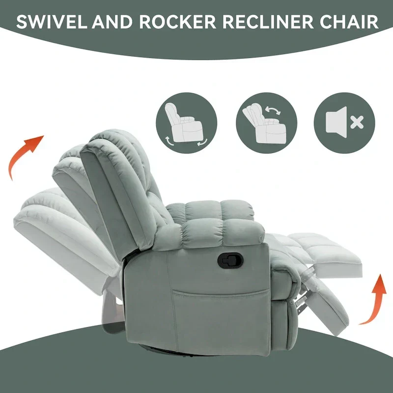 Lazy Boy Swivel Rocker Fabric Recliner Chair, Overstuffed Large Manual Recliner Glider with Pillow Top Arms and Cushion Back