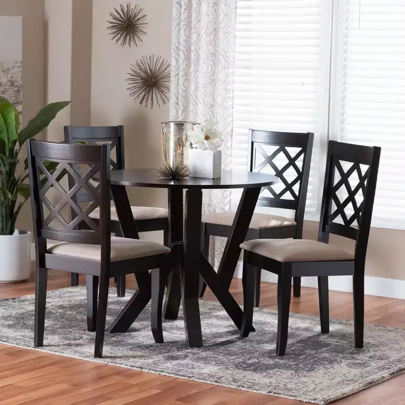 Adina Modern Sand Fabric and Dark Brown Wood 5-Piece Dining