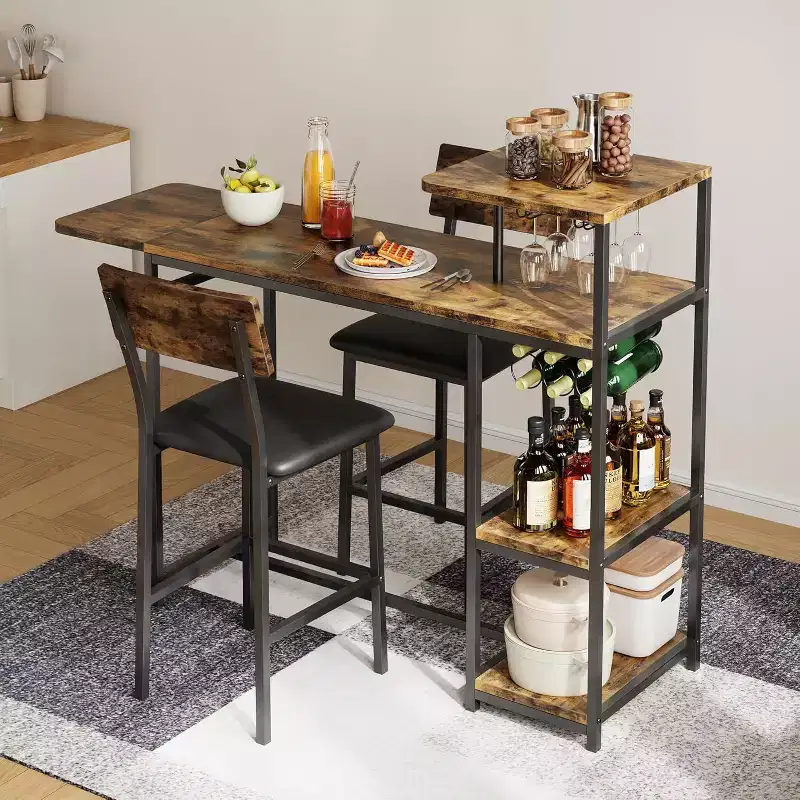 Acekool Expandable Dining Table Set for 2 with Storage Shelves and Wine Rack, 3 Piece Space-Saving Bar Table and Chairs