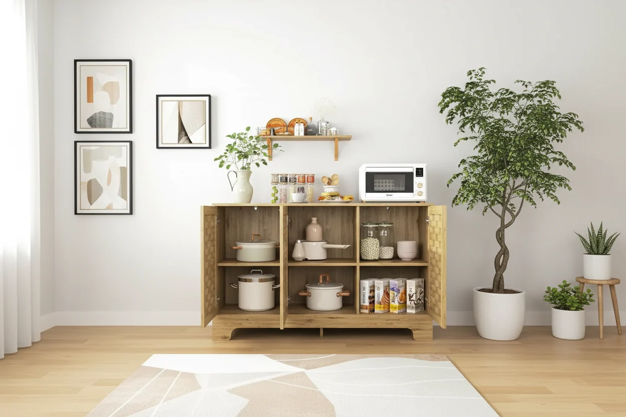 Farmhouse Coffee Bar Storage Cabinet Buffet Sideboard with Adjustable Shelf for Kitchen, Bathroom, Entryway - 3-Door