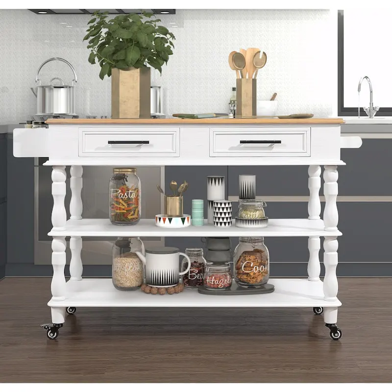 Rolling Kitchen Island Cart with Solid Oak Wood Top, Wine and Spice Rack