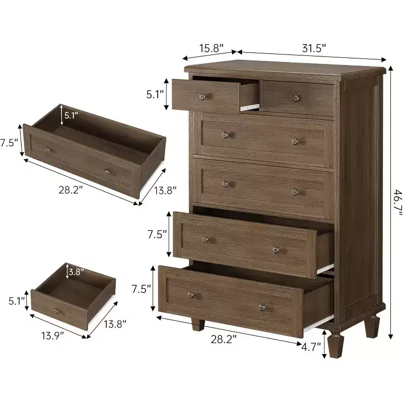 Wood 6-Drawer Dresser with Tapered Legs — Distressed Finish