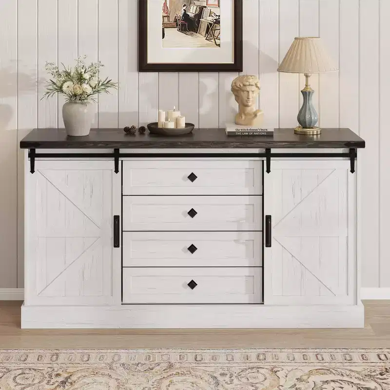 Farmhouse Sideboard with 4 Drawers and Sliding Barn Doors, 59 Inch Wide Buffet Cabinet for Dining Room and Living Room