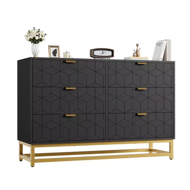 Dresser for Bedroom, 6-Drawer Wide Storage Wood Dresser with Metal Legs, Modern Chest Organizer