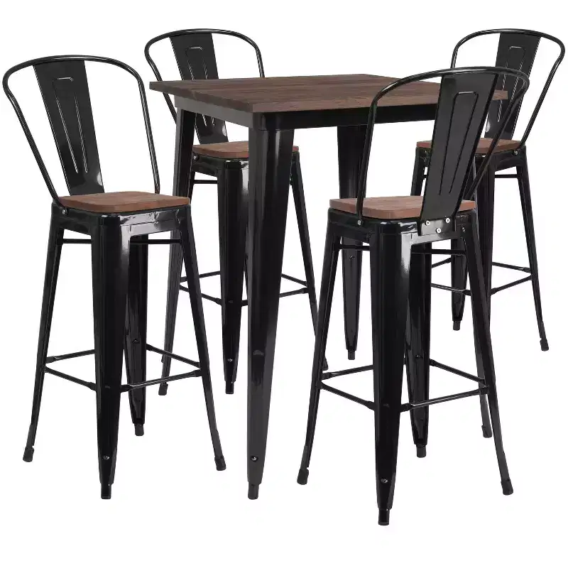 Emma and Oliver 31.5 Square Metal/Wood Bar Table Set - 4 Stools