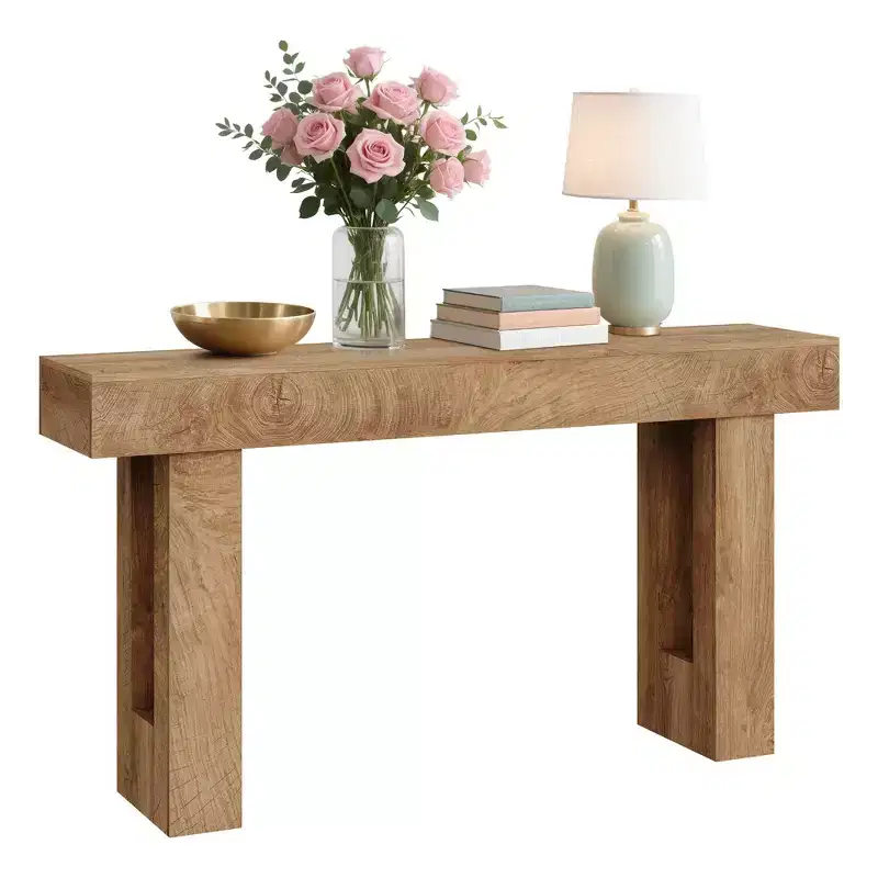 63 Rustic Farmhouse Console Table  Knife Cut Wood Grain Open Shelf Sofa Table (for Living Room/Entryway/Hallway)