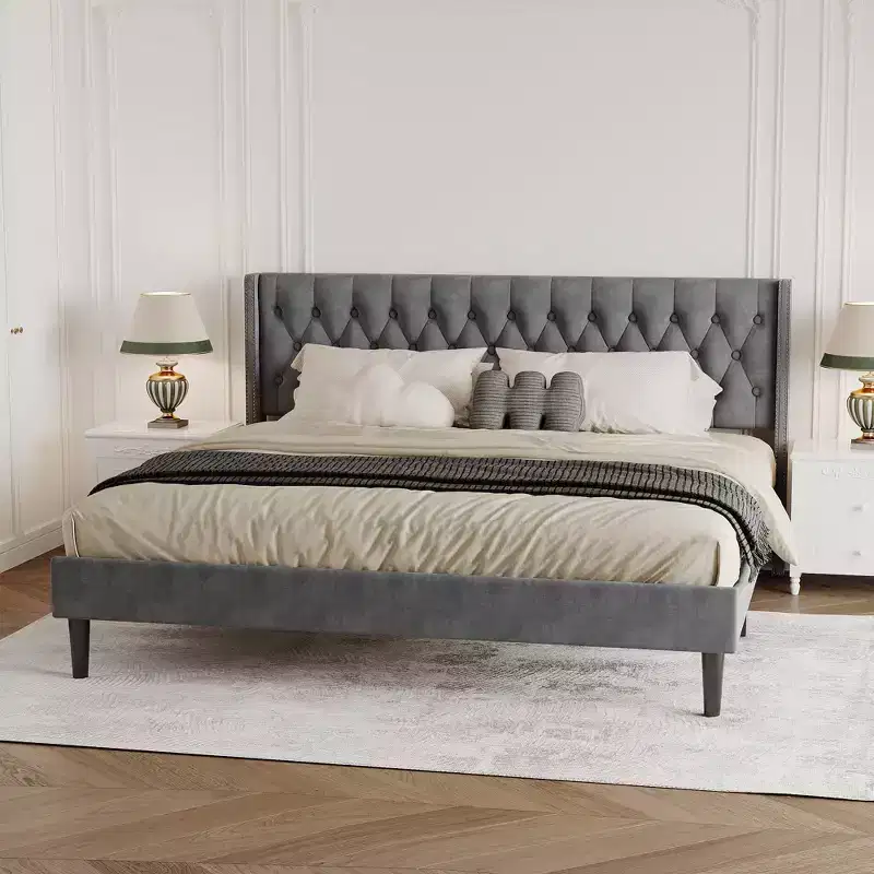 Velvet King Size Bed Frame with Wingback Design, Deep Button Tufting, Metal Stability, Easy Assembly