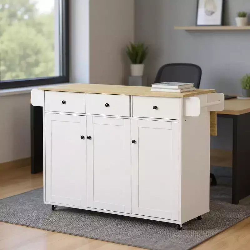 FurnitureR Mobile Kitchen Island Cart with Folding Drop Leaf, 45.3 Wide Kitchen Storage Cabinet on Wheels, Rolling Space-Saving Prep Table, White