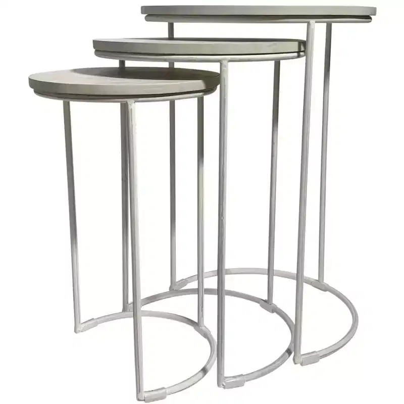 Set of Two White Solid Wood and Metal Round Frame Nested Tables
