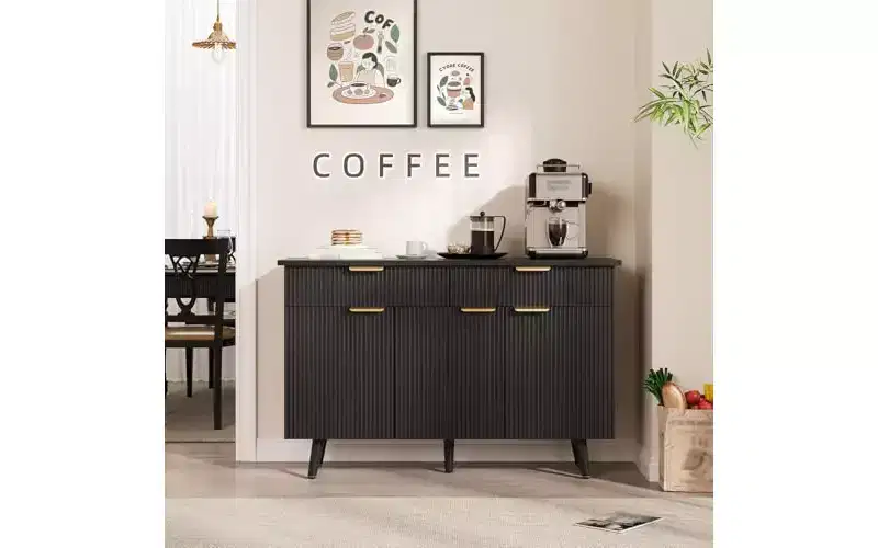 GustoWave 47 Sideboard Buffet Cabinet with Storage,Large Coffee Bar Cabinet Featuring 3 Fluted Doors and 2 Drawers, Adjustable Shelves, Black Finish