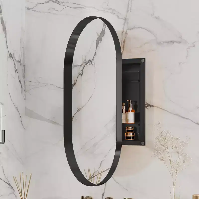 20x34 Inch Oval Recessed Cabinet, Metal Framed Bathroom Wall Cabinet with Mirror and Adjustable Shelves,Wall Mirror with Storage for Bathroom