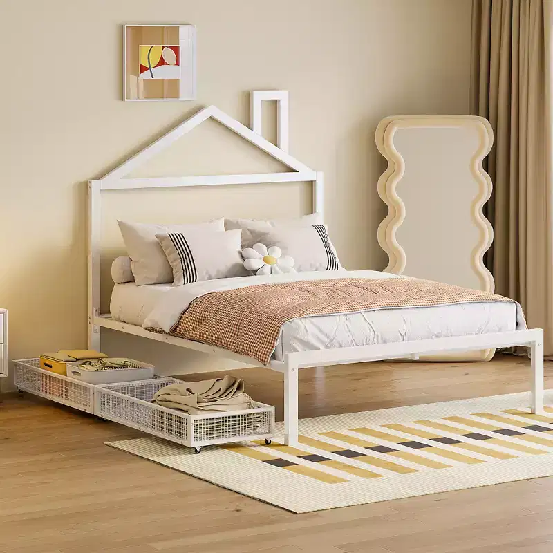 Full Size Kids House Bed with Drawer – Metal Frame, House-Shaped Headboard for Boys & Girls, White