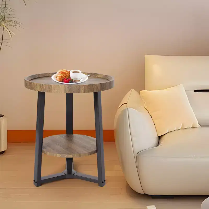 Round Side Table, 2 Tier Bedside Table with Storage, Modern Wood Small Nightstand for Living Room, Bathroom, Bedroom, Walnut