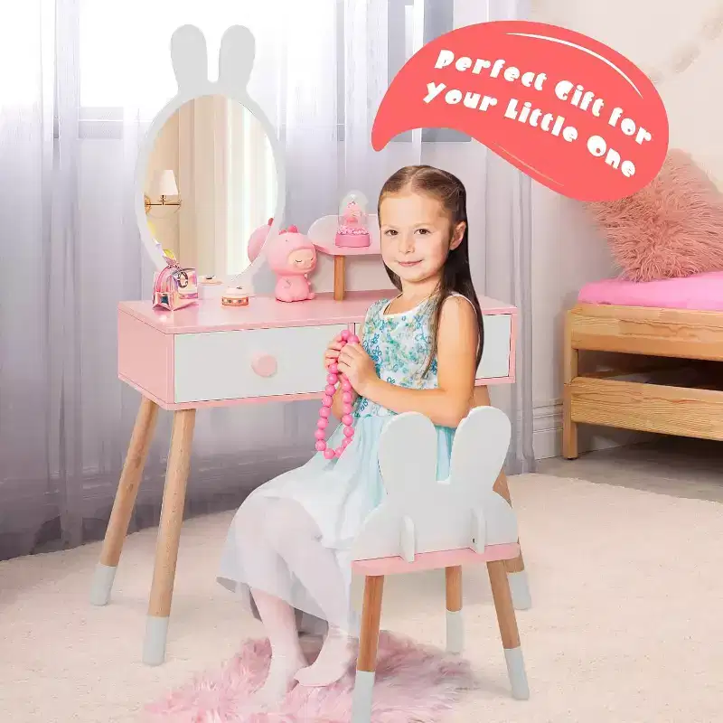 BALHAM TRADE-Rabbit Themed Kids Vanity Set White Wooden Makeup Table Chair w 2 Large Drawers