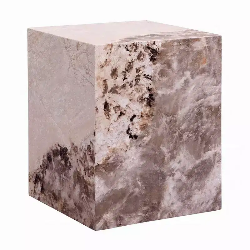 Square Accent End Table, White and Brown Faux Stone, 16 Inch