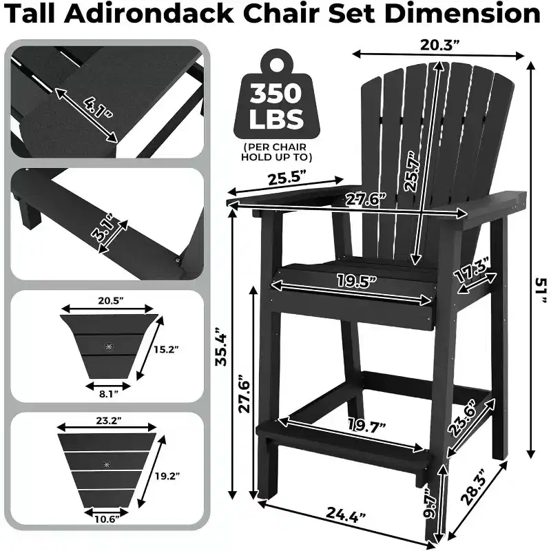 Outdoor Poly Barstools with Connecting Tray, Bar Chairs for Deck, Balcony, Backyard, Patio Bar Stool Chair with High Back Weather Resistant Set of 2