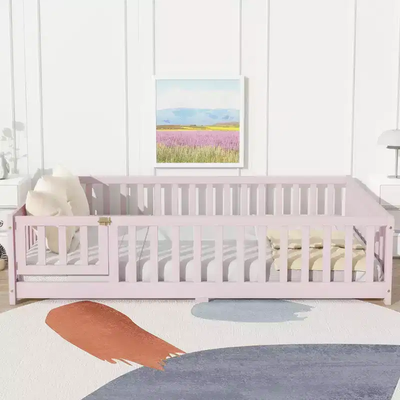 MAYEERTY Full Floor Bed with Fence and Door, Rubber Wood Bed Guardrails Pink