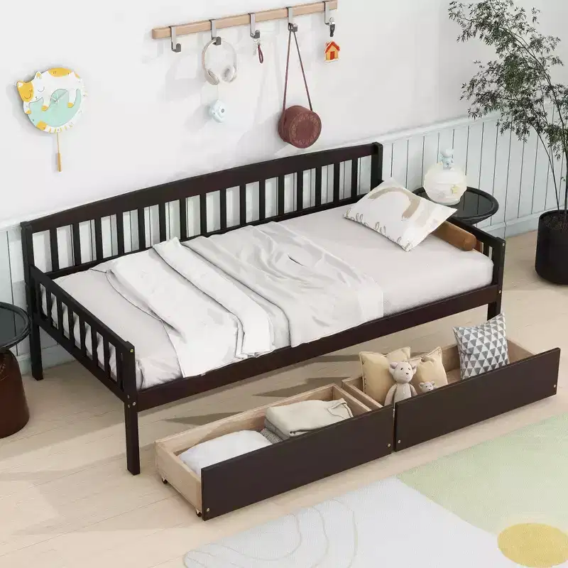 Twin Pine Wood Daybed with 2 Storage Drawers & 10 Support Slats, Brown