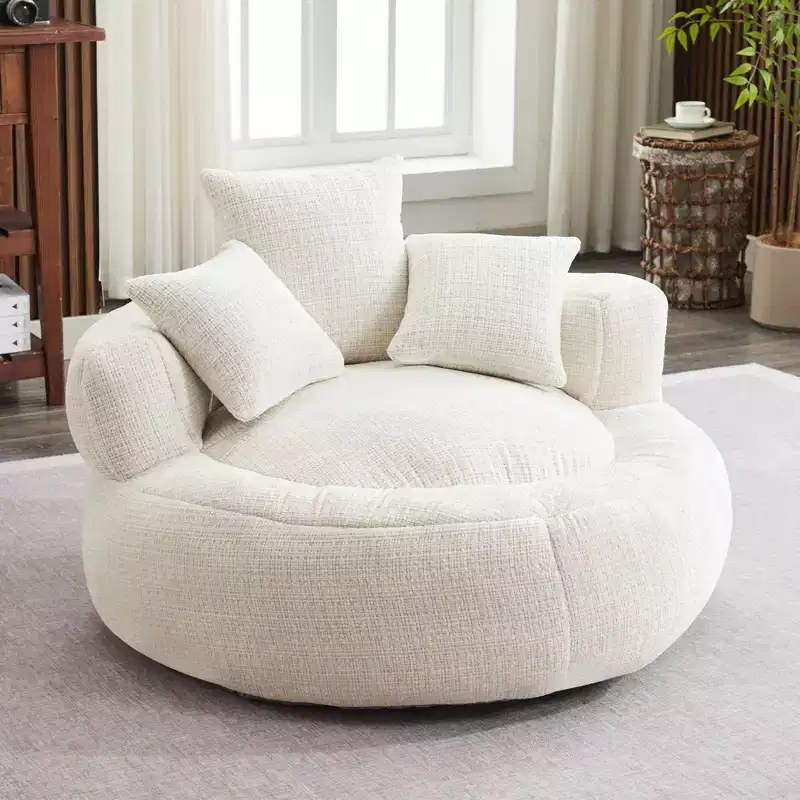 Round Ultra Soft Chenille Foam Bean Bag Chair, Oversized with Armrests & 3 Pillows, for Adults & Teens, White