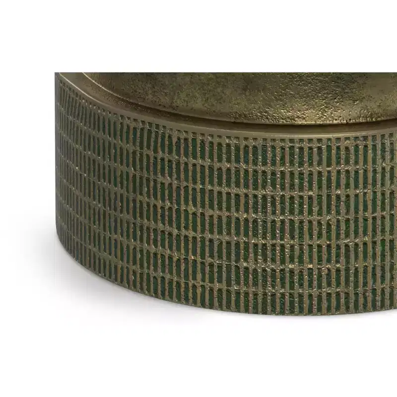 Modern Industrial 13 inch Wide Cast Aluminum Side Table in Light Green Patina, Fully Assembled