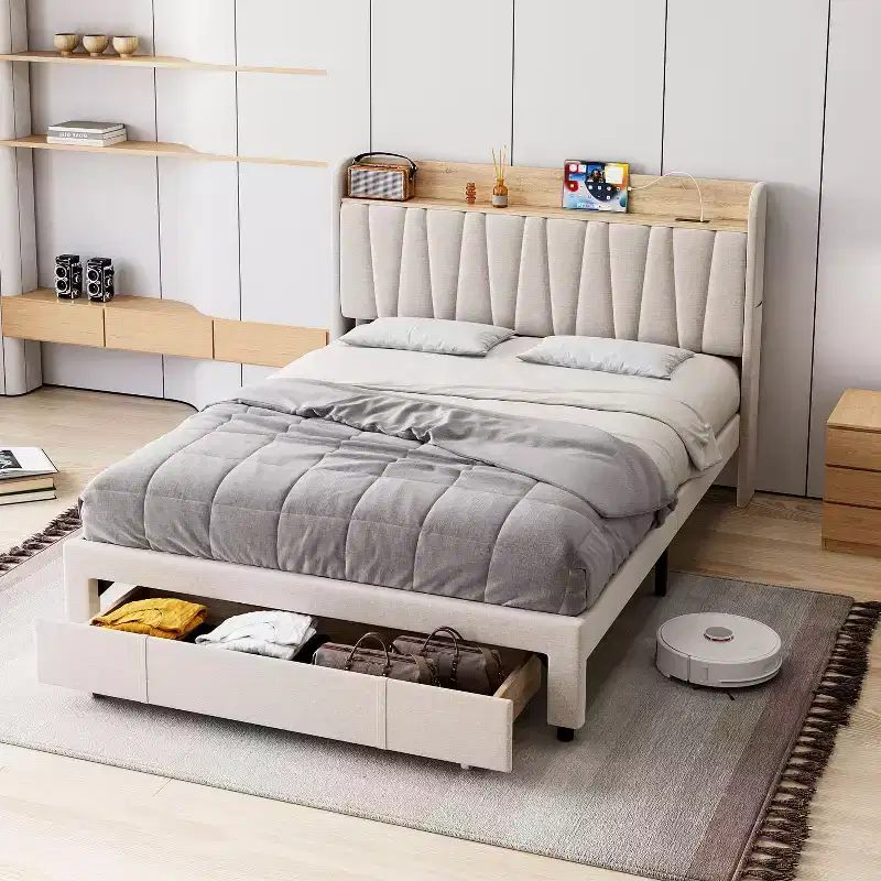Upholstered Platform Bed Frame with 2 Storage Drawers, Storage Headboard & Charging Station