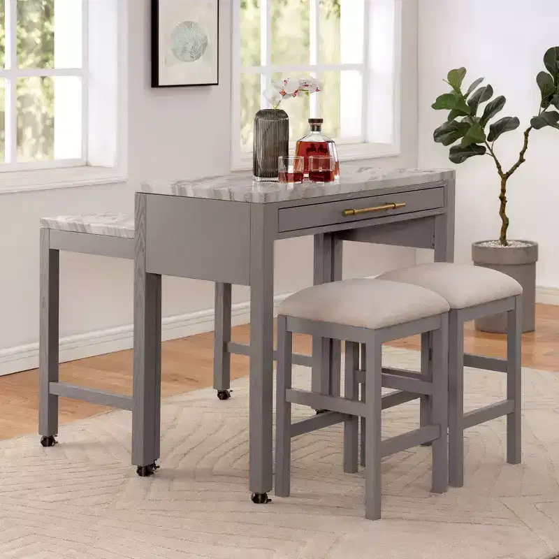 GDFStudio Dawson Farmhouse Wood Counter Height Dining Set with Faux Marble Top Expandable Table