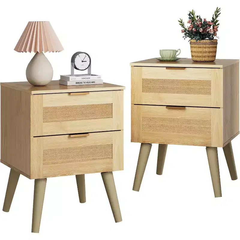 BALHAM TRADE-Rattan Decor Drawers Night Stand Set of 2 Bedside Table for Bedroom Living Room