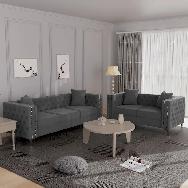 Modern Loveseat and Sofa Couch with Dutch Velvet Beige, Iron Legs