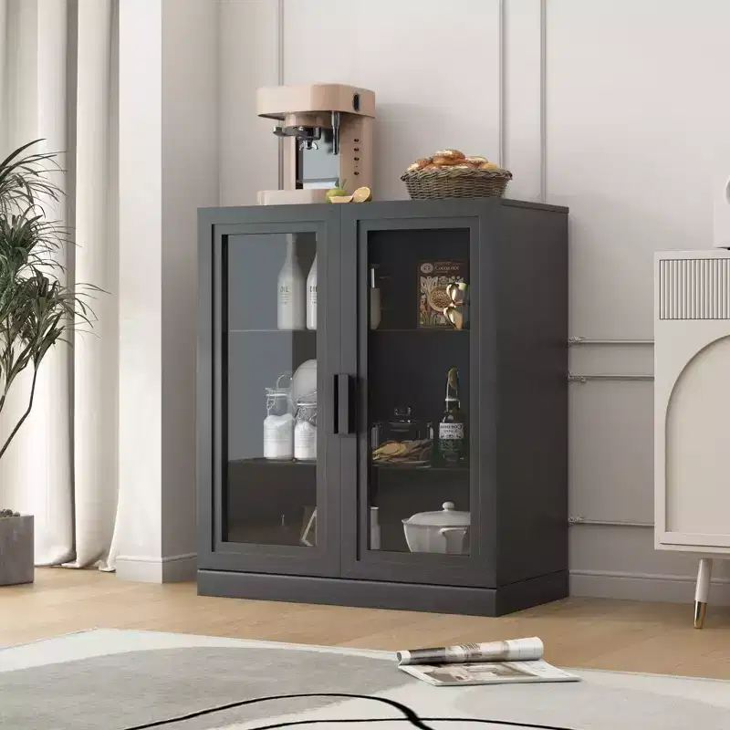 36x31x16 Wood Accent Sideboard Cabinet in Black, Storage Organizer with Adjustable Shelves and Glass Doors for Kitchen Bedroom Living/Dinning Room