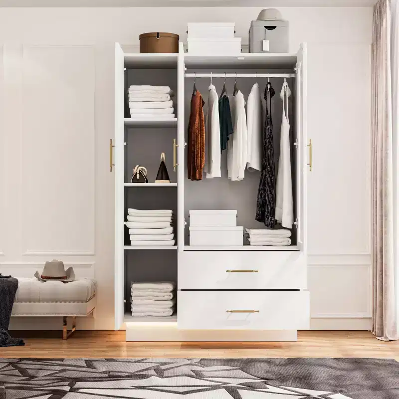 COZONY 71 White Bedroom Armoire, Wardrobe Closet with Fluted Glass Doors, Hanging Rod and Drawers