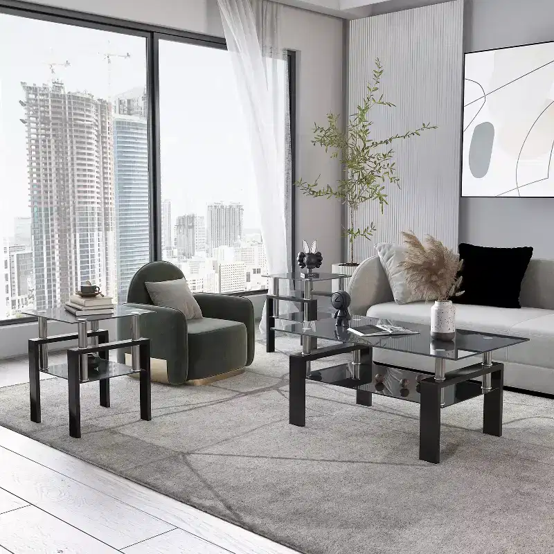 Glass Coffee Table, Modern Minimalist Square End Table with Metal Legs, Tempered Glass Top, for Home Office Living Room