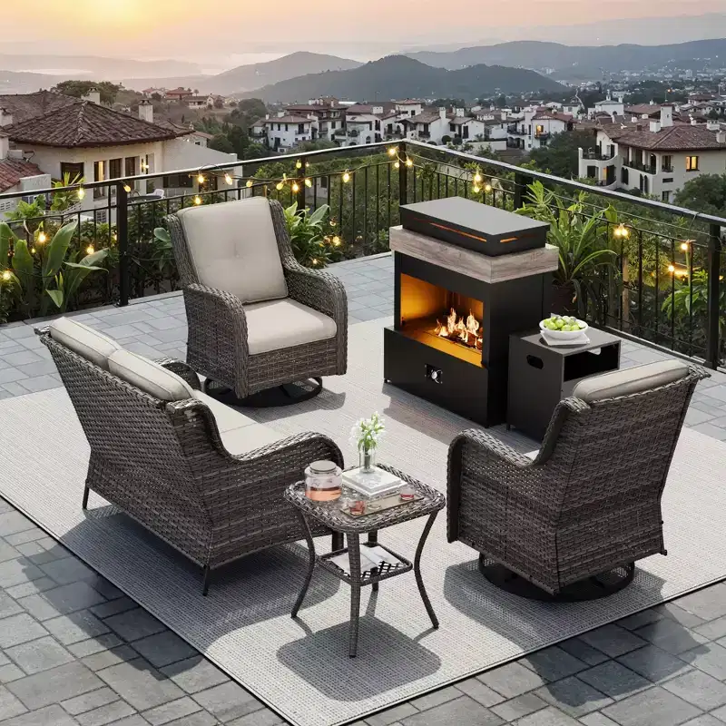 UPTIOT 4-Piece Outdoor Set: Fireplace Heater/Shelf,Cushioned Chair & Swivel Rocker
