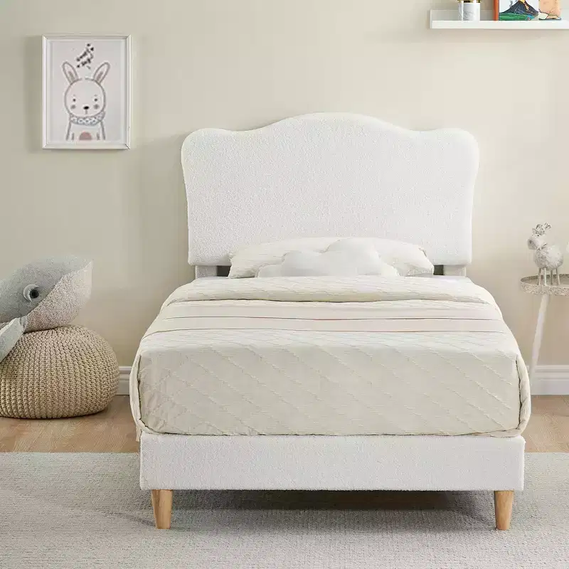 Bed Frame for Kids, Upholstered Platform Bed with Cute Boucle Velvet Headboard for Girls, No Box Spring Needed, Easy Assembly, Durable Design