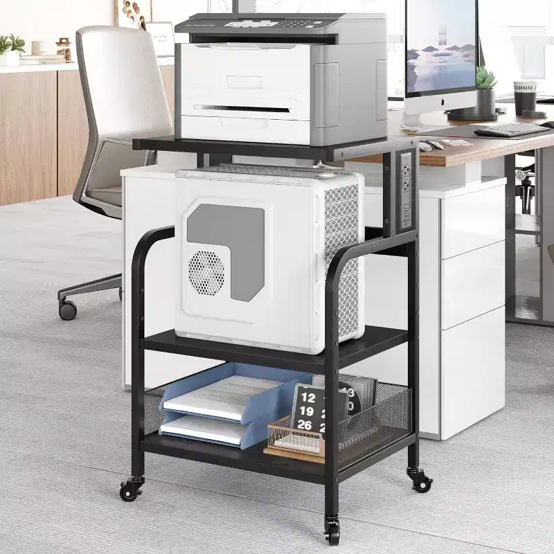 Mobile Printer Stand with Power Outlets & USB Ports, Adjustable 3-Tier Rolling Cart, Rustic Black
