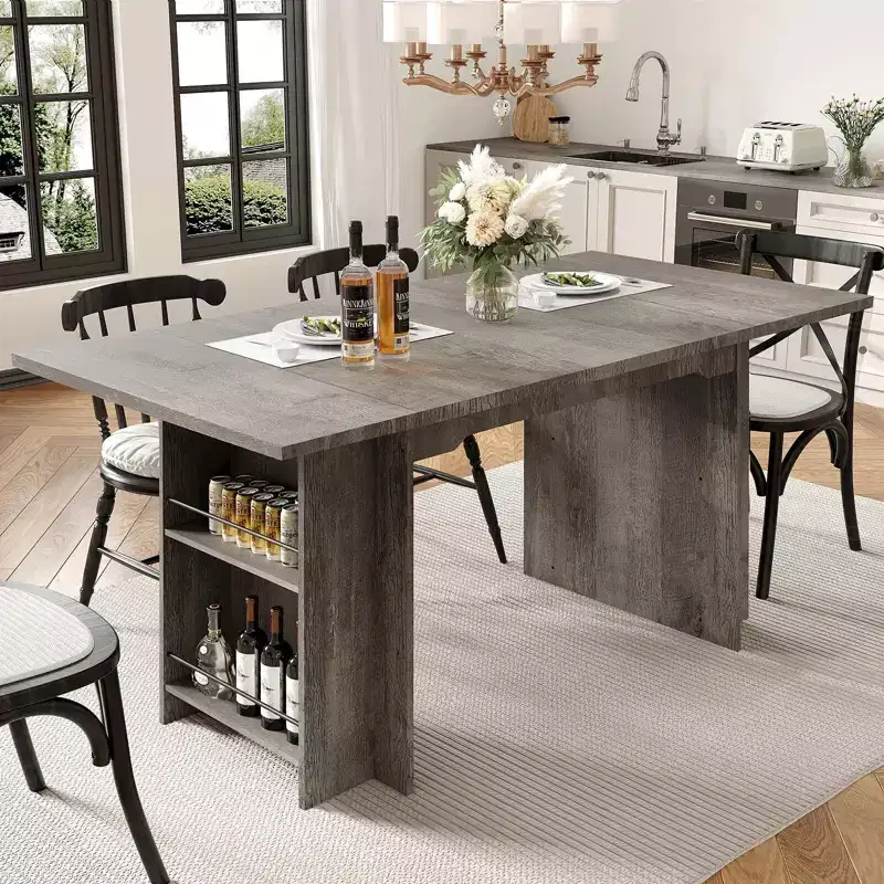 Rustic Wooden 63 Inch Farmhouse Dining Table with 4 Storage Shelves and Large Tabletop for 6 for Dining Room, Living Room, Kitchen