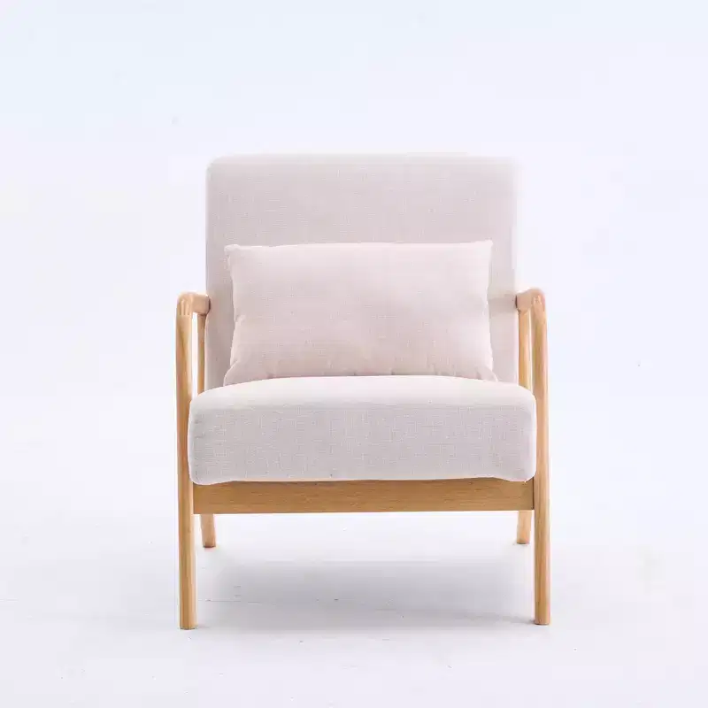 Modern Upholstered Accent Chair with Lumbar Pillow, Relaxing Armchair with Solid Wood Frame & Soft Cushion, Beige