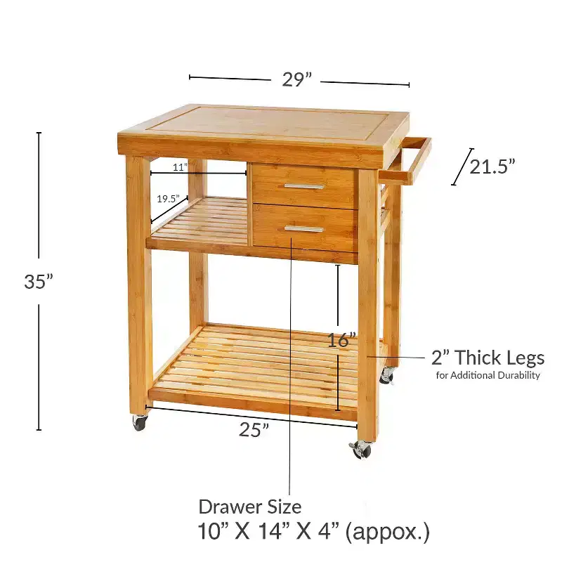 Home Aesthetics Rolling Bamboo Kitchen Island Cart Food Prep Trolley, with Towel Rack Drawers