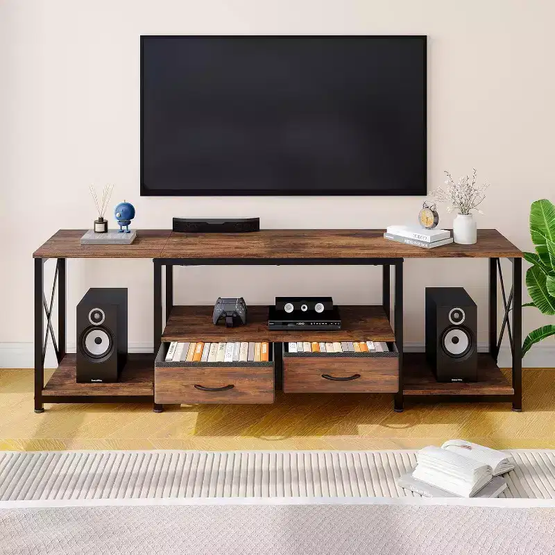 Mobile TV con cassetti in tessuto, mobile multimediale con ripiani aperti, tavolo console TV, per soggiorno, camera da letto, ufficio