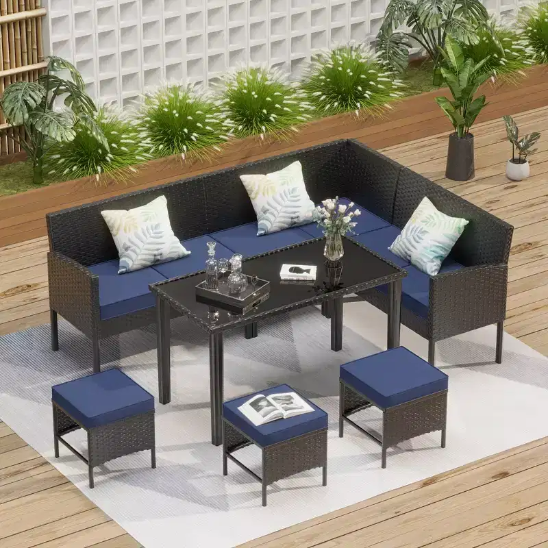 Whisen Patio 7 Pieces Outdoor Sofa Set, Patio Garden Rattan Conversation Seating Set with Soft Cushions