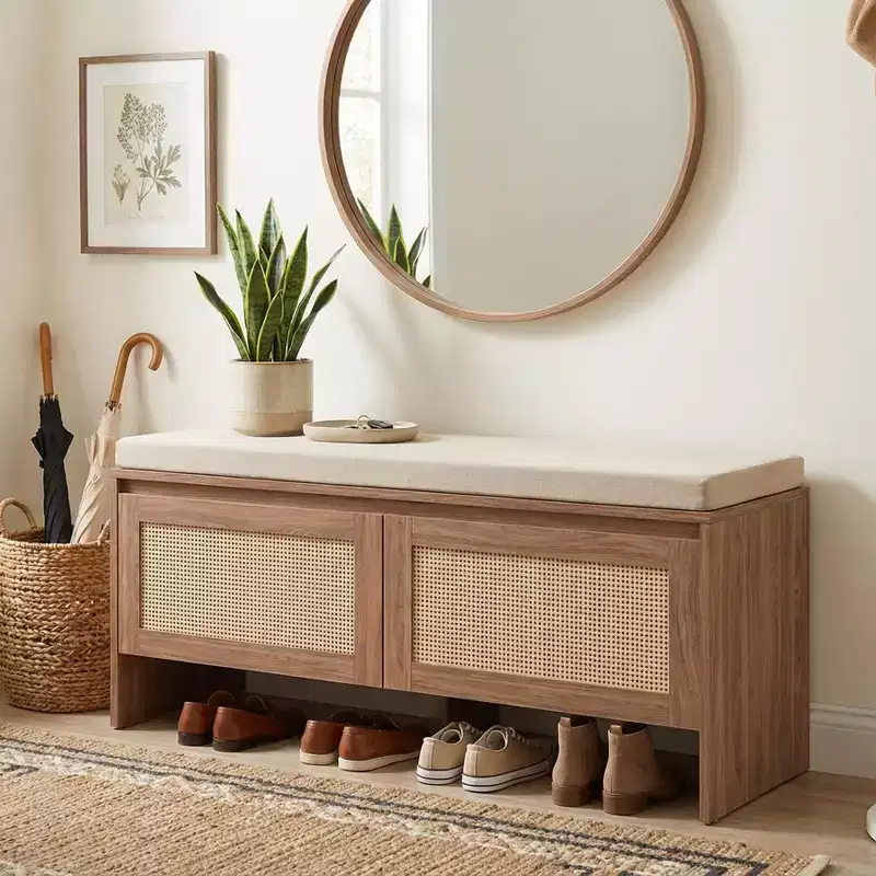 Rattan Shoe Storage Bench with Cushion Compact Entryway Shoe Cabinet with Doors