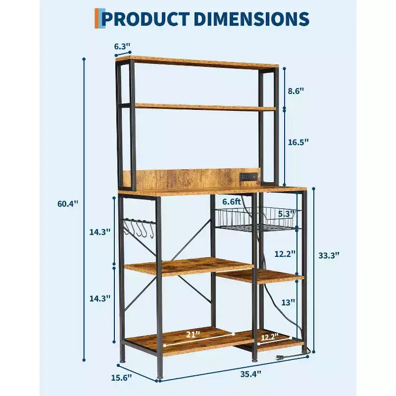 Rustic Brown Bakers Rack w/ Power Outlet, 4-Tier Kitchen Storage Shelf, Microwave Stand, Hooks, Metal Wood Organizer for Coffee Spices