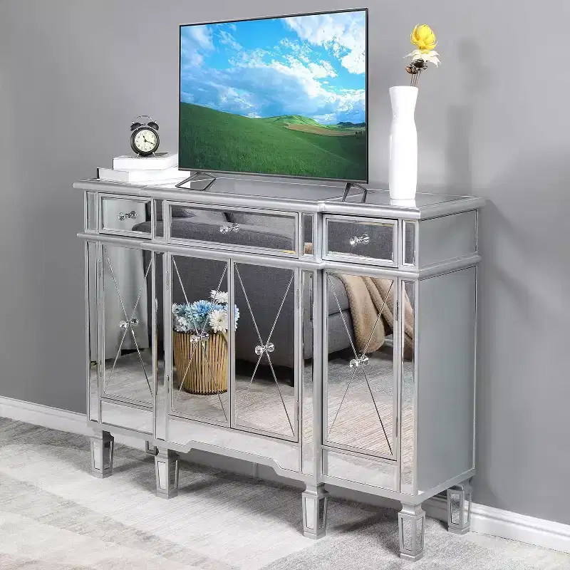Mirrored Console Table, Modern Buffet Cabinet/Sideboard/TV Stand with 3 Drawers and 4 Doors (Silver, 48 L x 14 W x 36 H)