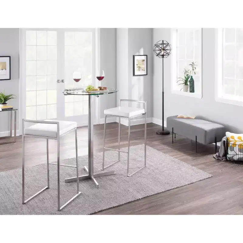 LumiSource Set of 3 Fuji Stacker Barstools Stainless Steel/White Velvet