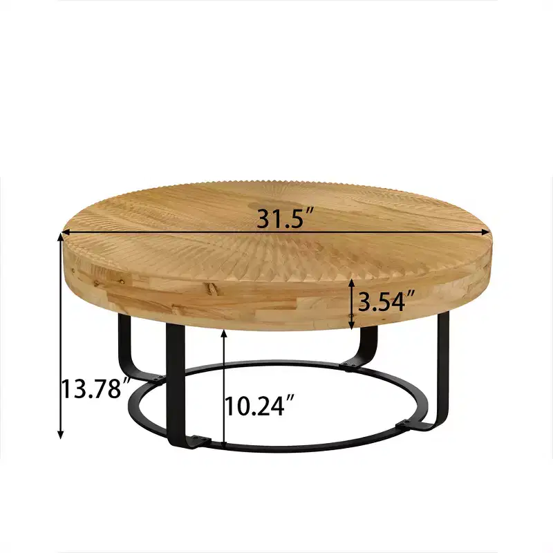 Round Coffee Table, Modern Wooden Side Table, Farmhouse Carving Pattern Coffee Table with Metal Legs for Living Room Office Apartment