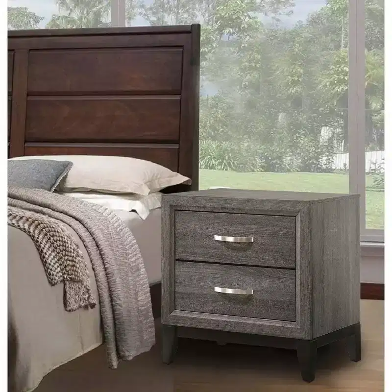 Royal Hampton 25 Inch Modern 2 Drawer Nightstand, Metal Handle, Gray Foil Finish