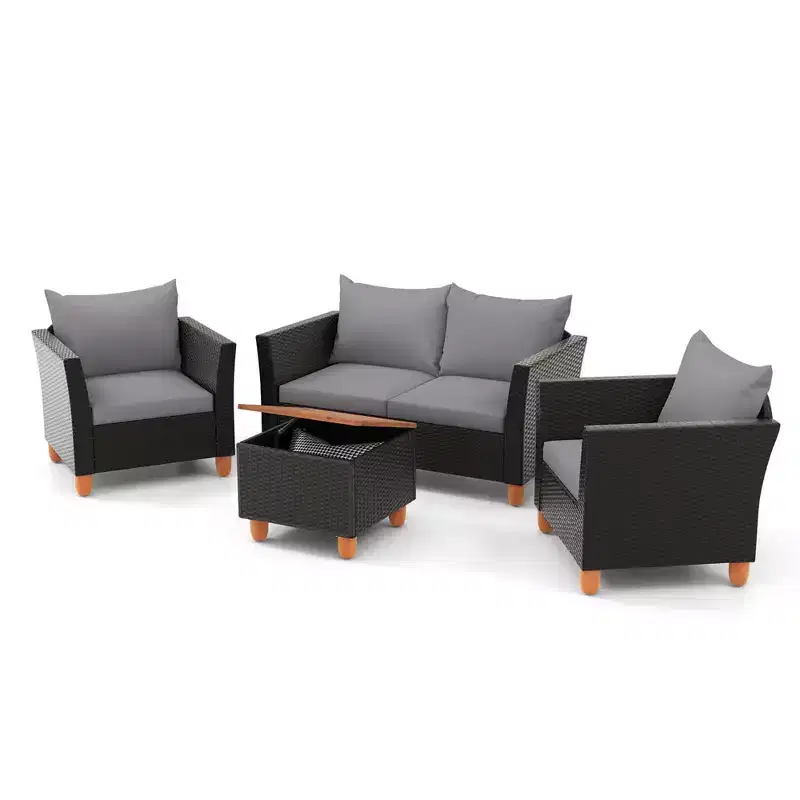 Costway 4 PCS Wicker Patio Furniture Set with Removable Cushions Storage Coffee Table White/Navy/Gray