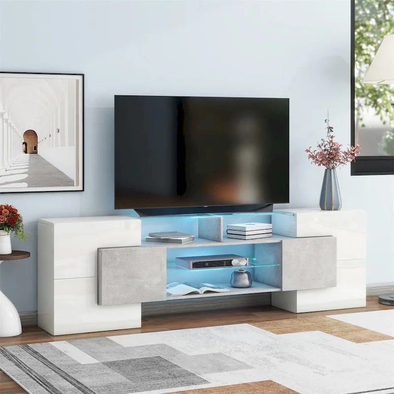 Merax TV Stand with 2 Illuminated Glass Shelves, High Gloss Entertainment Center for TVs Up to 80 - n/a