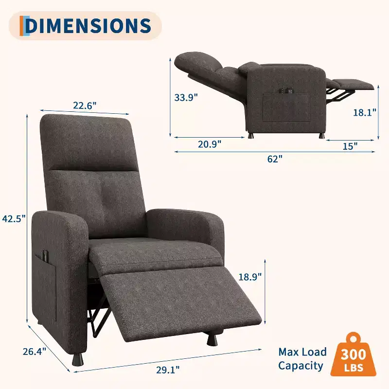 Power Recliner Chair with Heat & Massage, Electric Lift Recliner with Padded Seat & 2 Side Pockets, Single Sofa Seat for Living Room, Bedroom